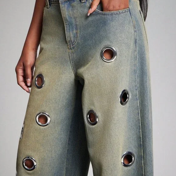 Medium Wash Punk Women's Wide Leg Baggy Jeans